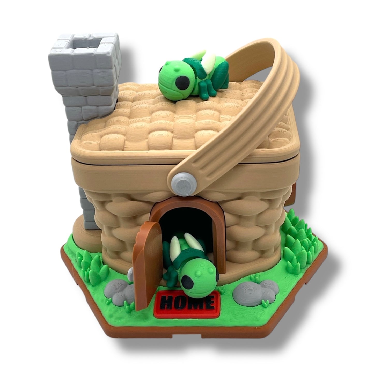 Picnic Basket House with 2 Grasshoppers – Whimsical Garden Miniature