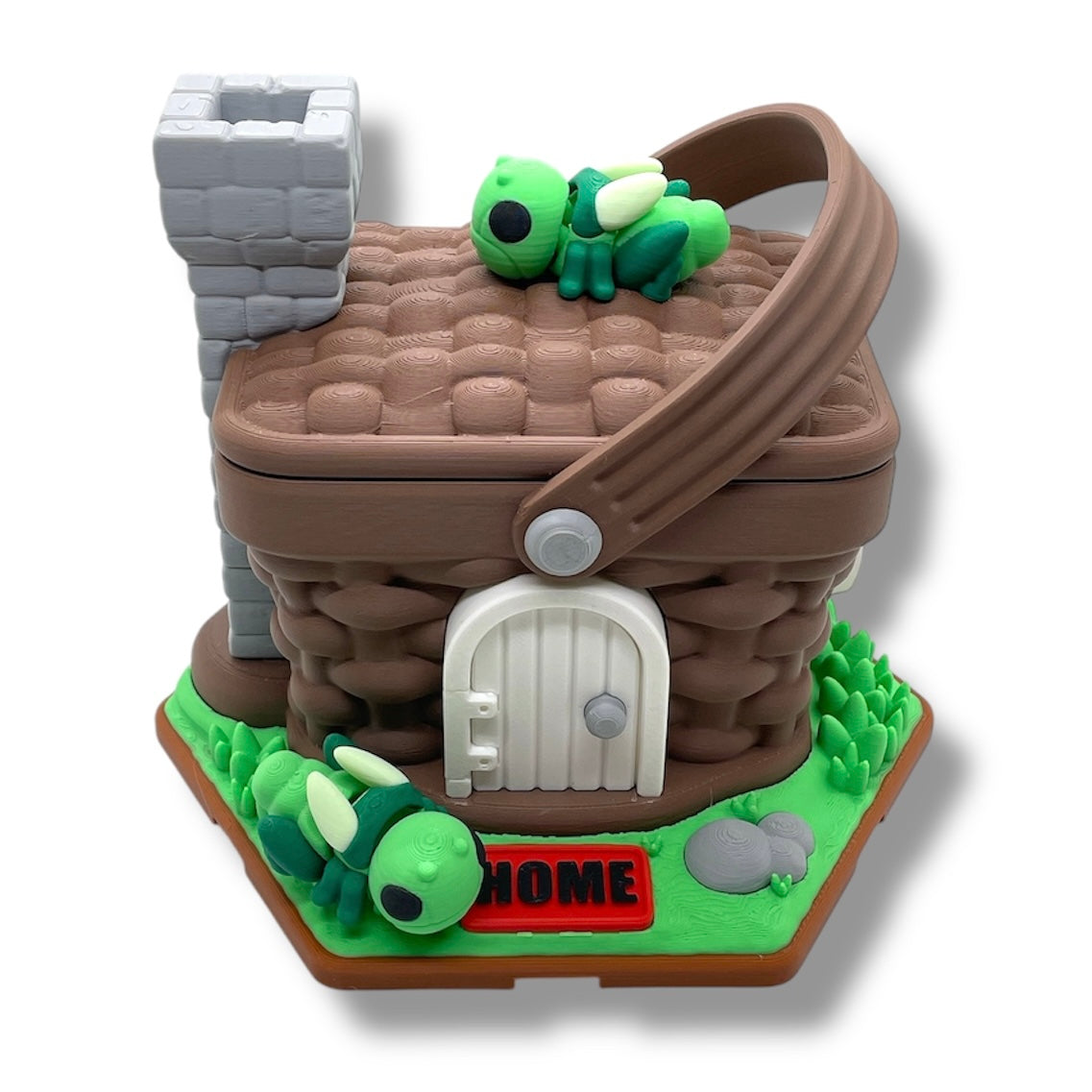 Picnic Basket House with 2 Grasshoppers – Whimsical Garden Miniature