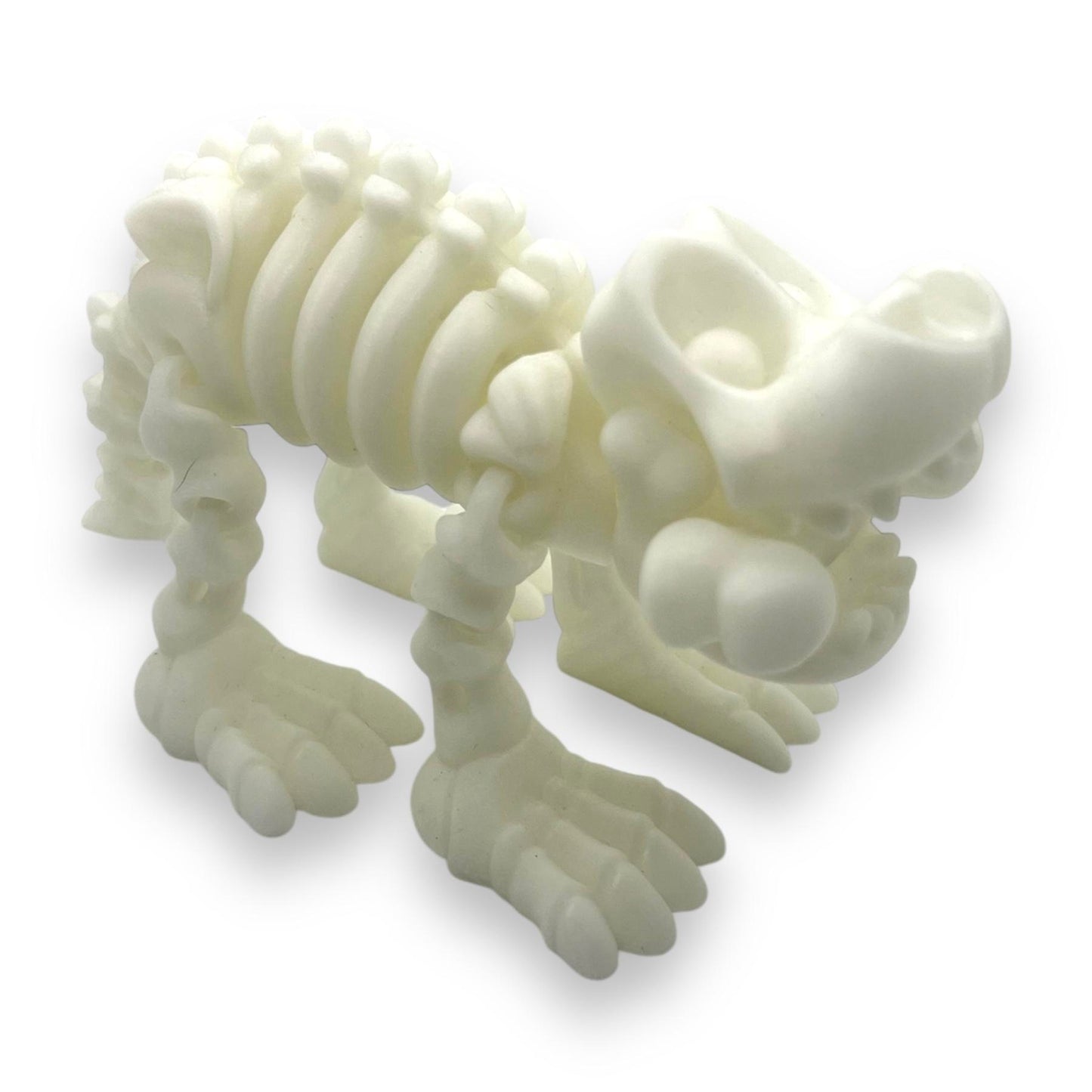 7" Glow in the Dark Dog Skeleton with Bone - Articulated 3D Printed Spooky Halloween Ornament