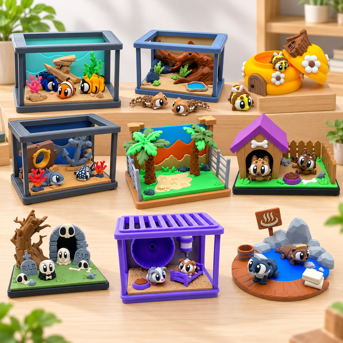 A large assortment of colorful 3dGob miniature animal habitats and playsets