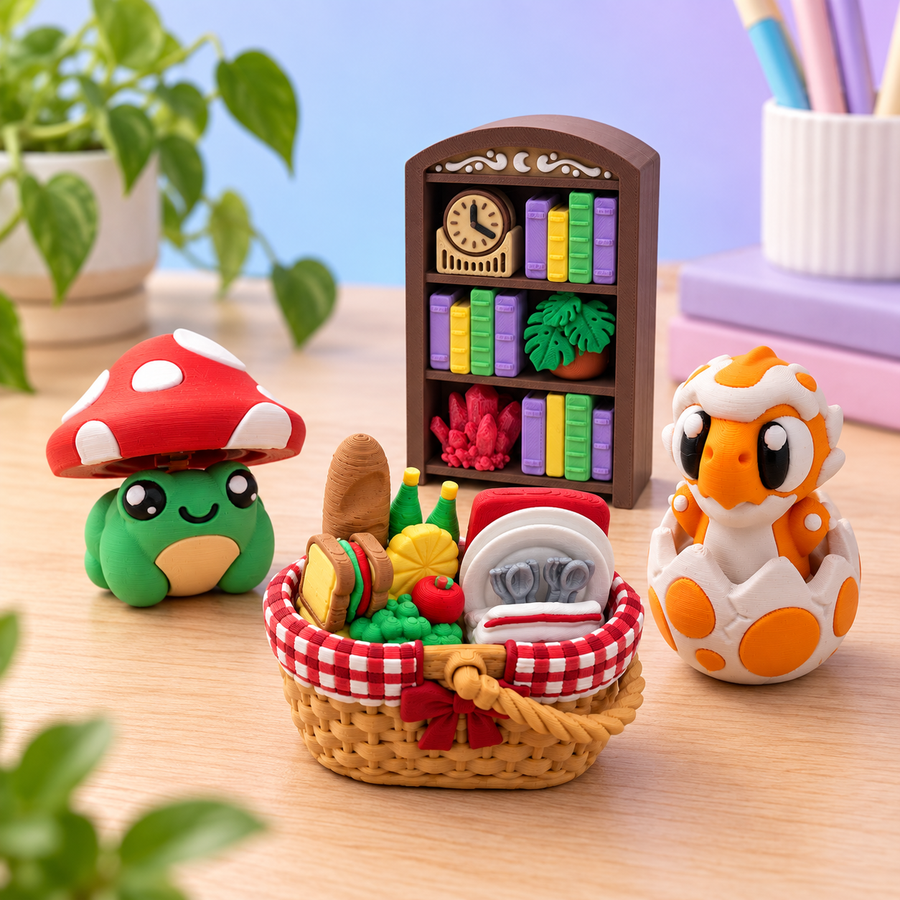 Colorful character clickers, dinosaur egg fidget, miniature book-nook clicker, and picnic basket clicker arranged on a bright studio desk
