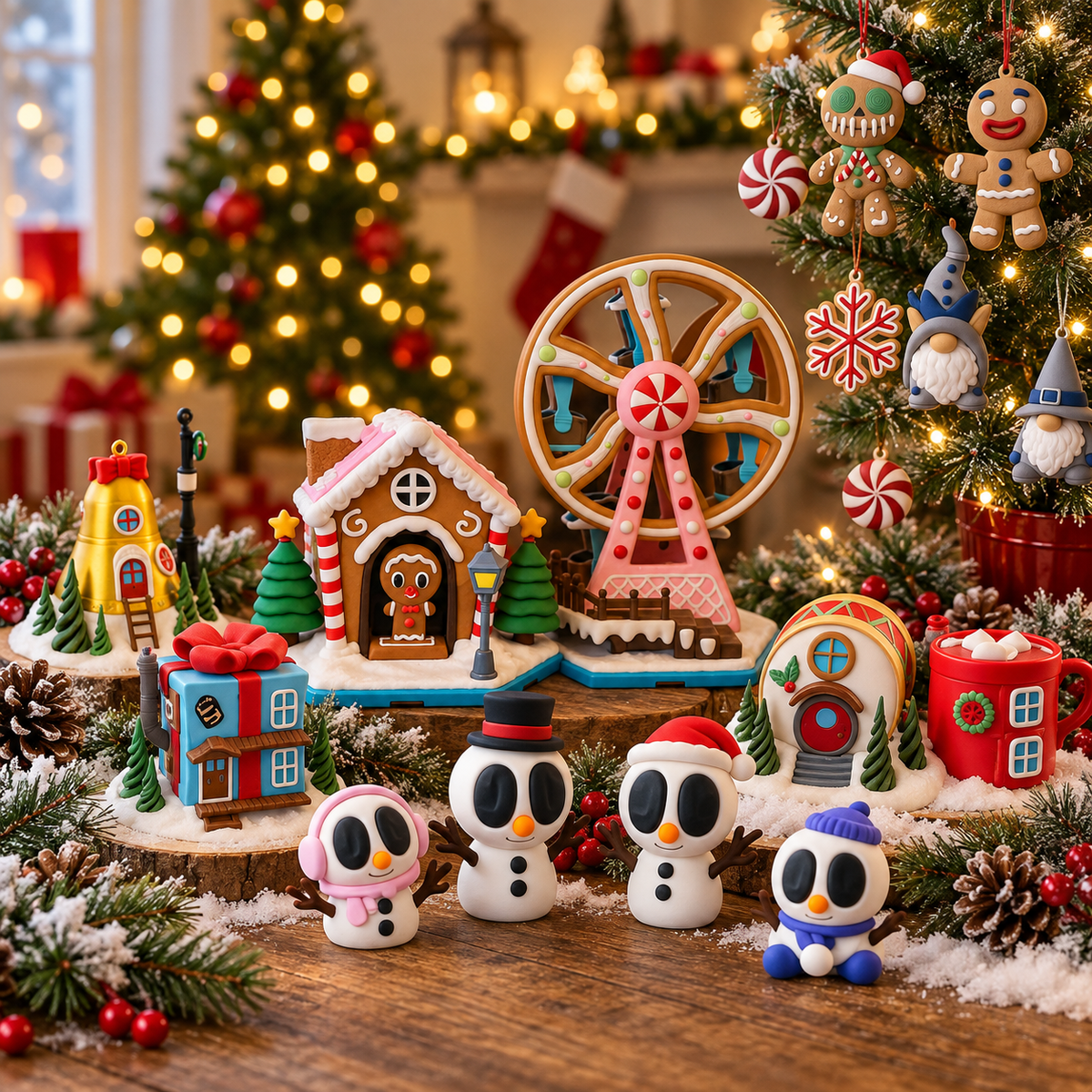 Christmas village, ornaments, snowmen and festive holiday collectibles