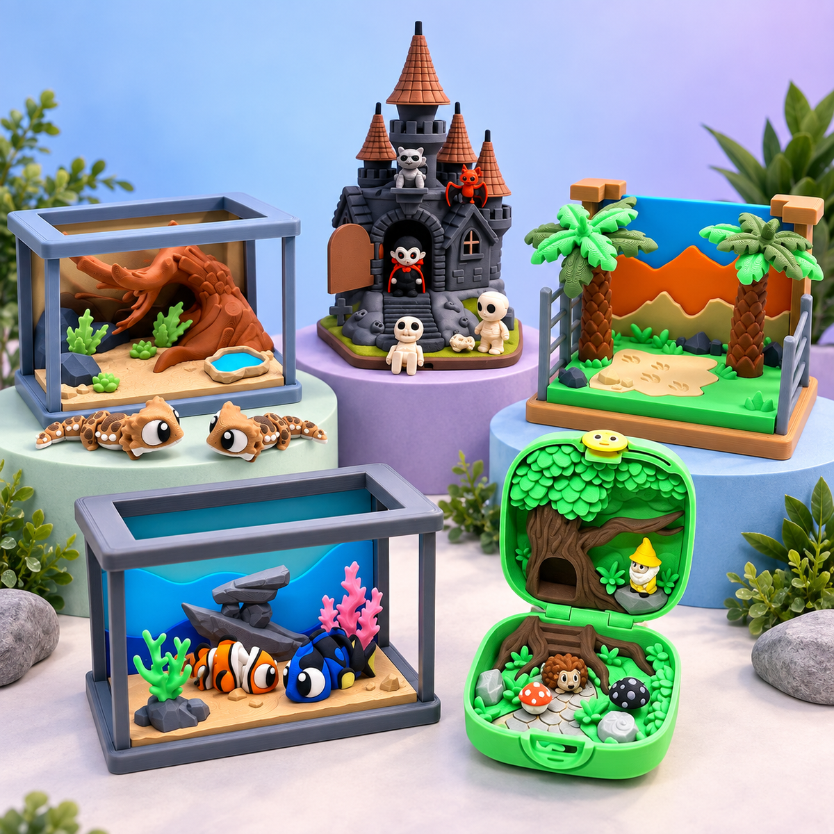 Colorful miniature modular worlds, animal habitats, aquarium, enchanted forest, dinosaur park, and castle arranged in a bright studio display