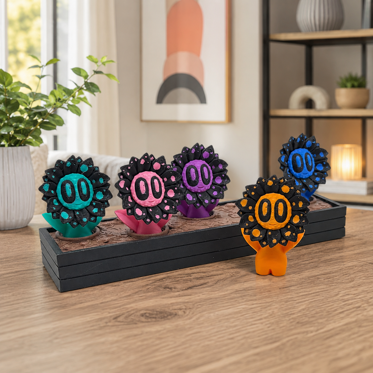 Micro Blob Sunflower Flower Set of 5 with Display Planter | Cute 3D Printed Desk Decor