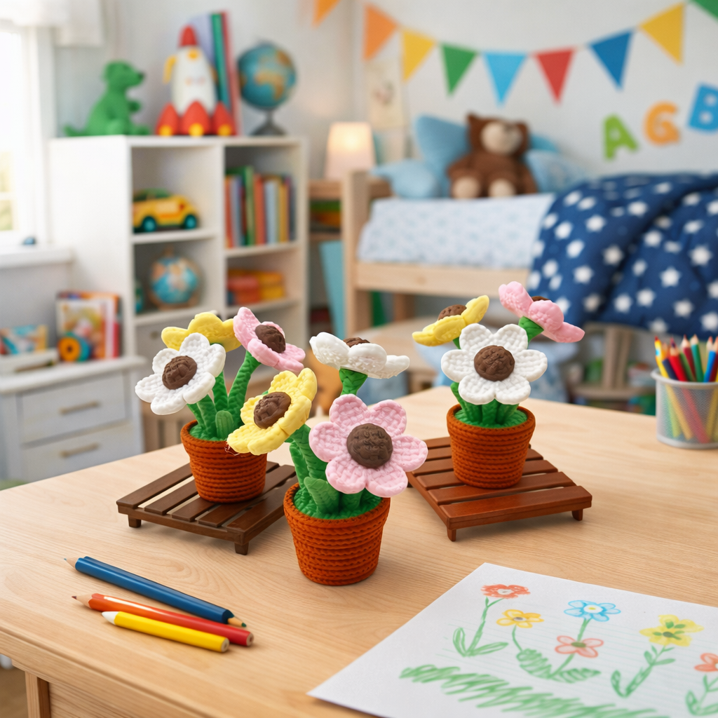 Knitted Daisy Flowers – Floral Desk Top Decor