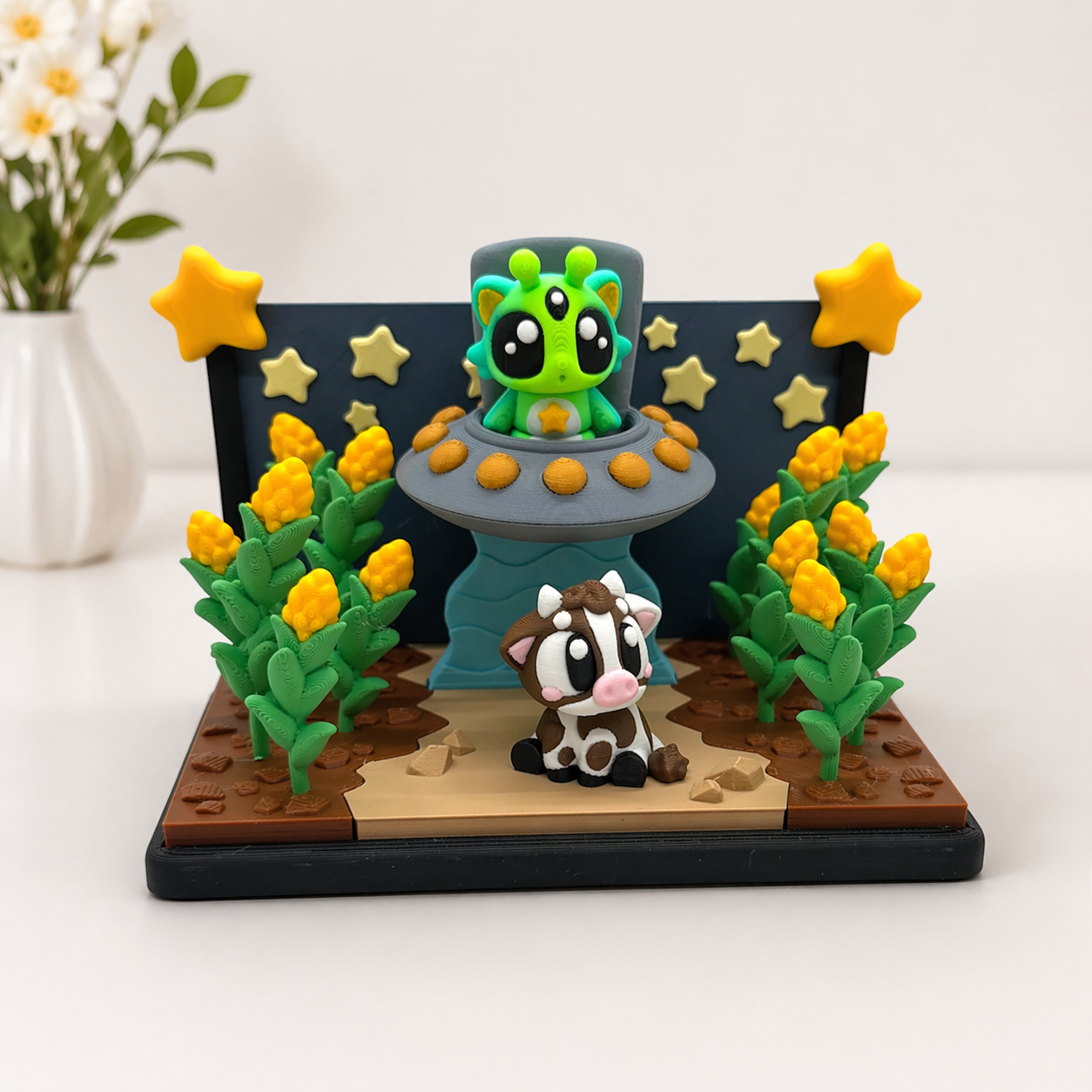 Alien Cow Cornfield Diorama – UFO Farm Scene Desk Decor with Cow, Alien & Corn Stalks