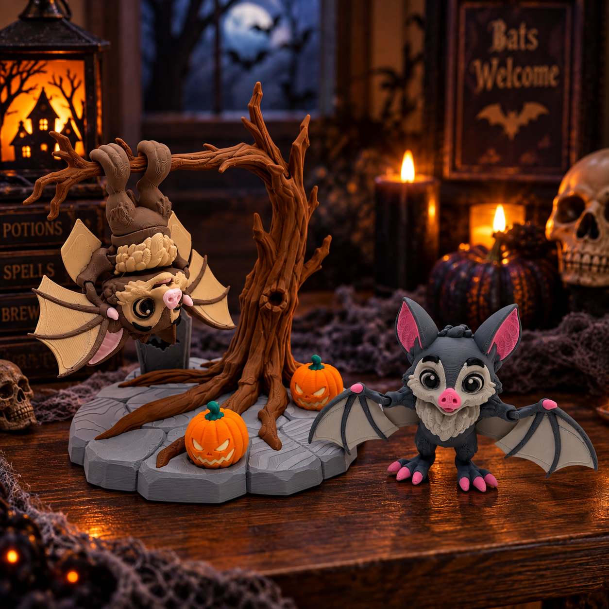 Spooky Tree Set with two Bats - Desktop Halloween Decor Holiday