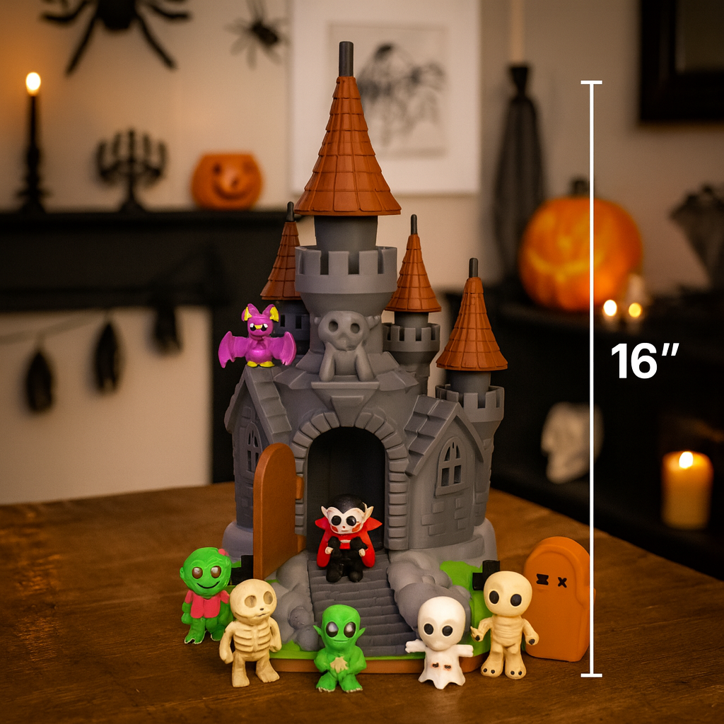 🏰 Transylvania Castle – 10” 3D Printed Haunted Set with 5 Figures - Desk Decor