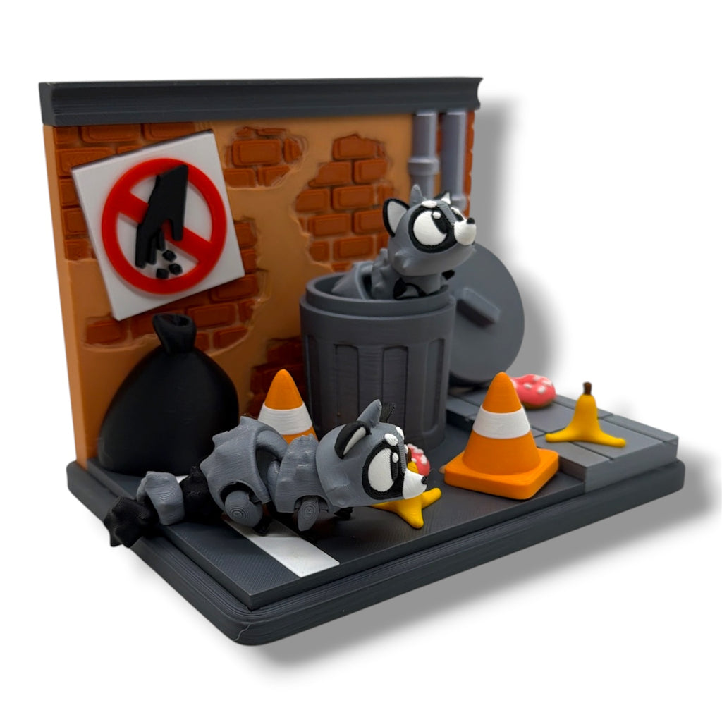 Racoon Dumpster Delight - w/ 2 Racoon's - Miniature Racoon Display Set with Accessories