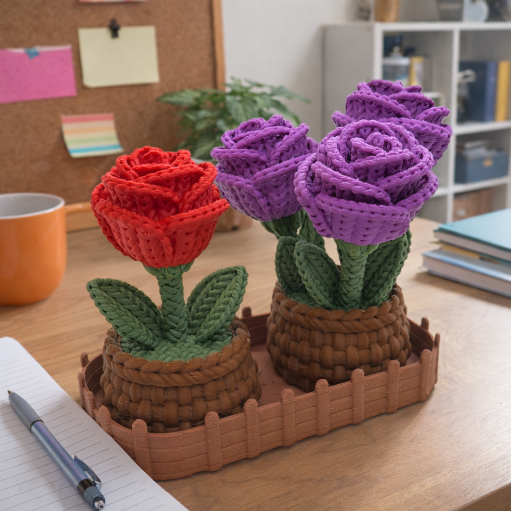 Knitted Rose Flowers – Botanical Desk Top Decor