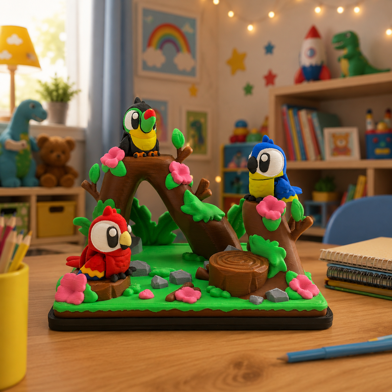 Tropical Bird Perch Scene – w/ Macaw and Parrot | Colorful Bird Display