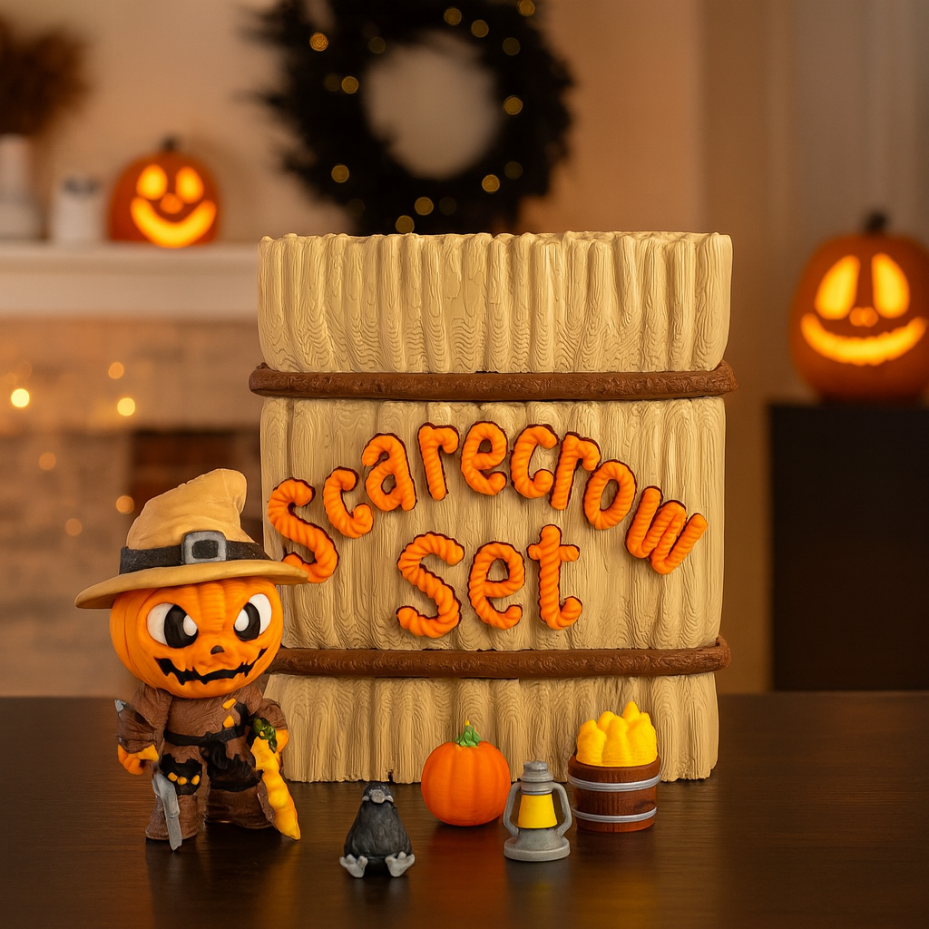 🌾 Enchanted Scarecrow Hay Bale Set – Halloween Desk & Shelf Décor