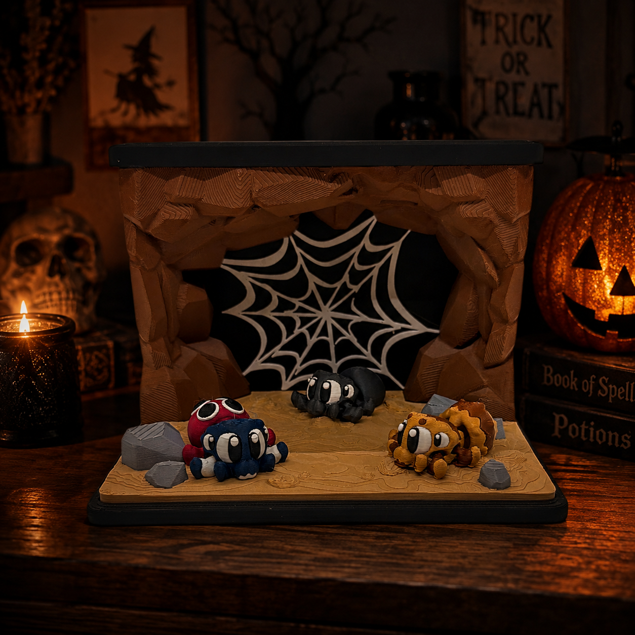 Spider Cave – Spider Habitat w/ 3 Spiders - Desktop Decor