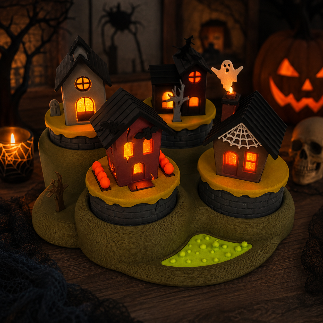 Halloween Micro Tea Light Village – 4 Haunted Houses with Display Base – Spooky Desktop Decor