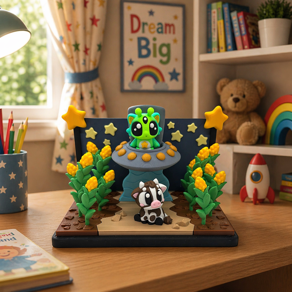 Alien Cow Cornfield Diorama – UFO Farm Scene Desk Decor with Cow, Alien & Corn Stalks
