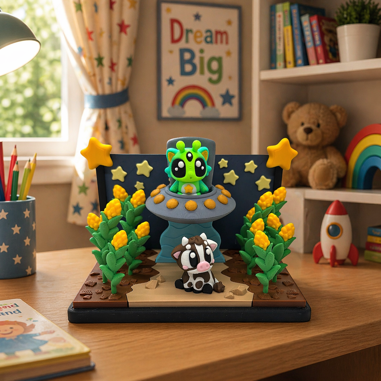 Alien Cow Cornfield Diorama – UFO Farm Scene Desk Decor with Cow, Alien & Corn Stalks