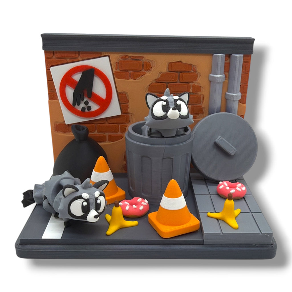 Racoon Dumpster Delight - w/ 2 Racoon's - Miniature Racoon Display Set with Accessories