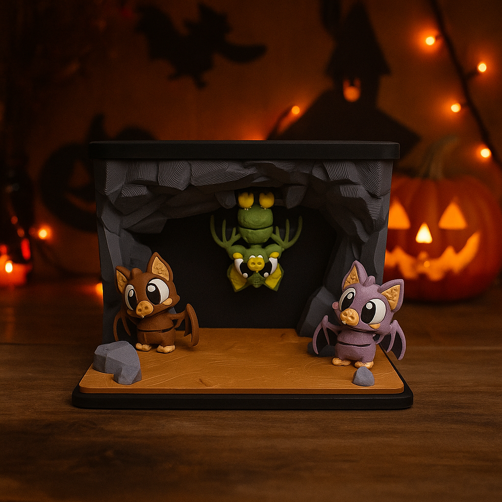 Creep and Cooky Bat Cave with 3 Bats - Spooky Fun Desk Decor
