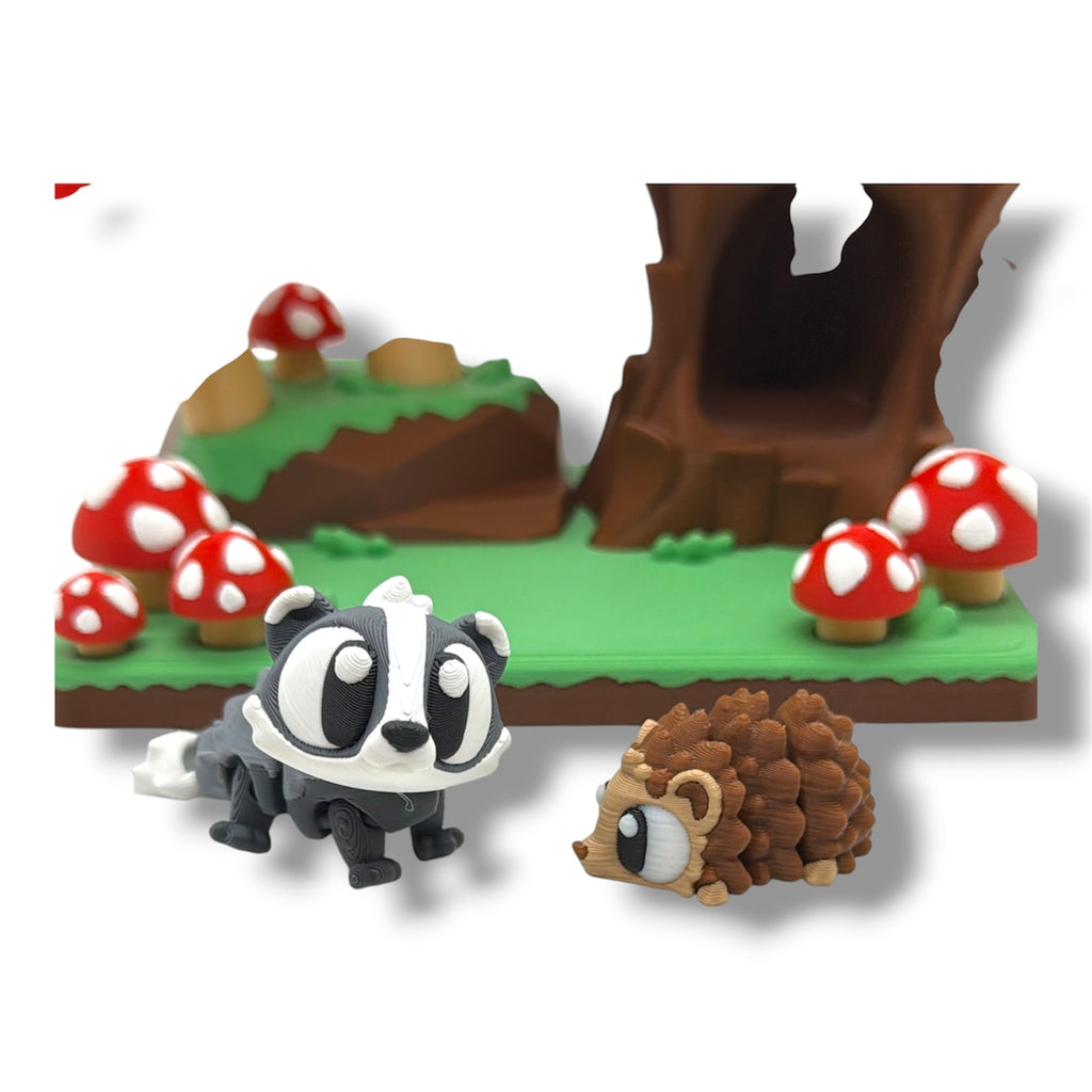 Mushroom Forest Hideaway w/ Hedgehog and Badger – Woodland Desk Display Decor