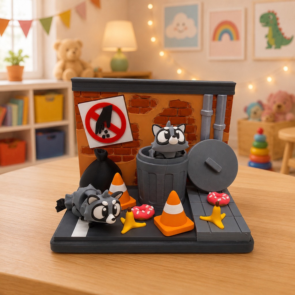 Racoon Dumpster Delight - w/ 2 Racoon's - Miniature Racoon Display Set with Accessories