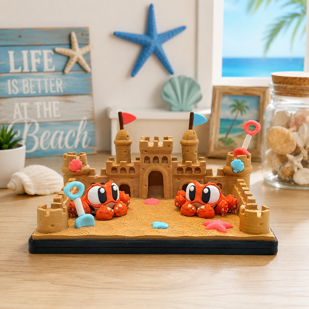 Beach Sandcastle Crab Playset | Cute 3D Printed Beach Display & Coastal Desk Décor