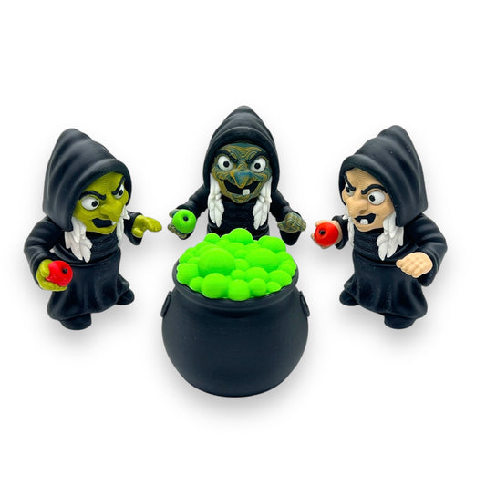 Spooky Halloween Witch Coven Set - With Cauldron - 3d Printed, Articulated, Decor