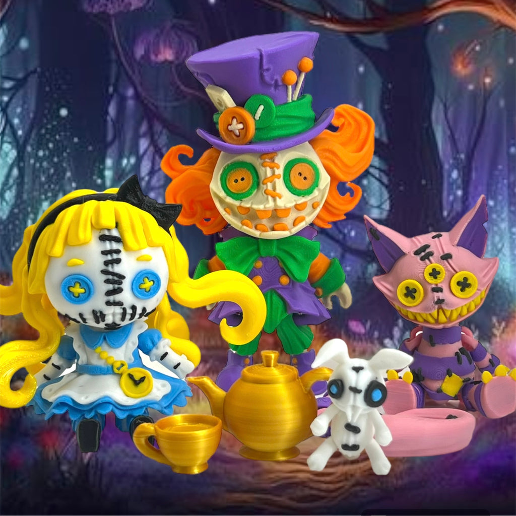 8 Piece Twisted Wonderland Set - Alice, Cheshire, Mad Hatter & White Rabbit with Accessories 3d Printed, Articulated, Decor