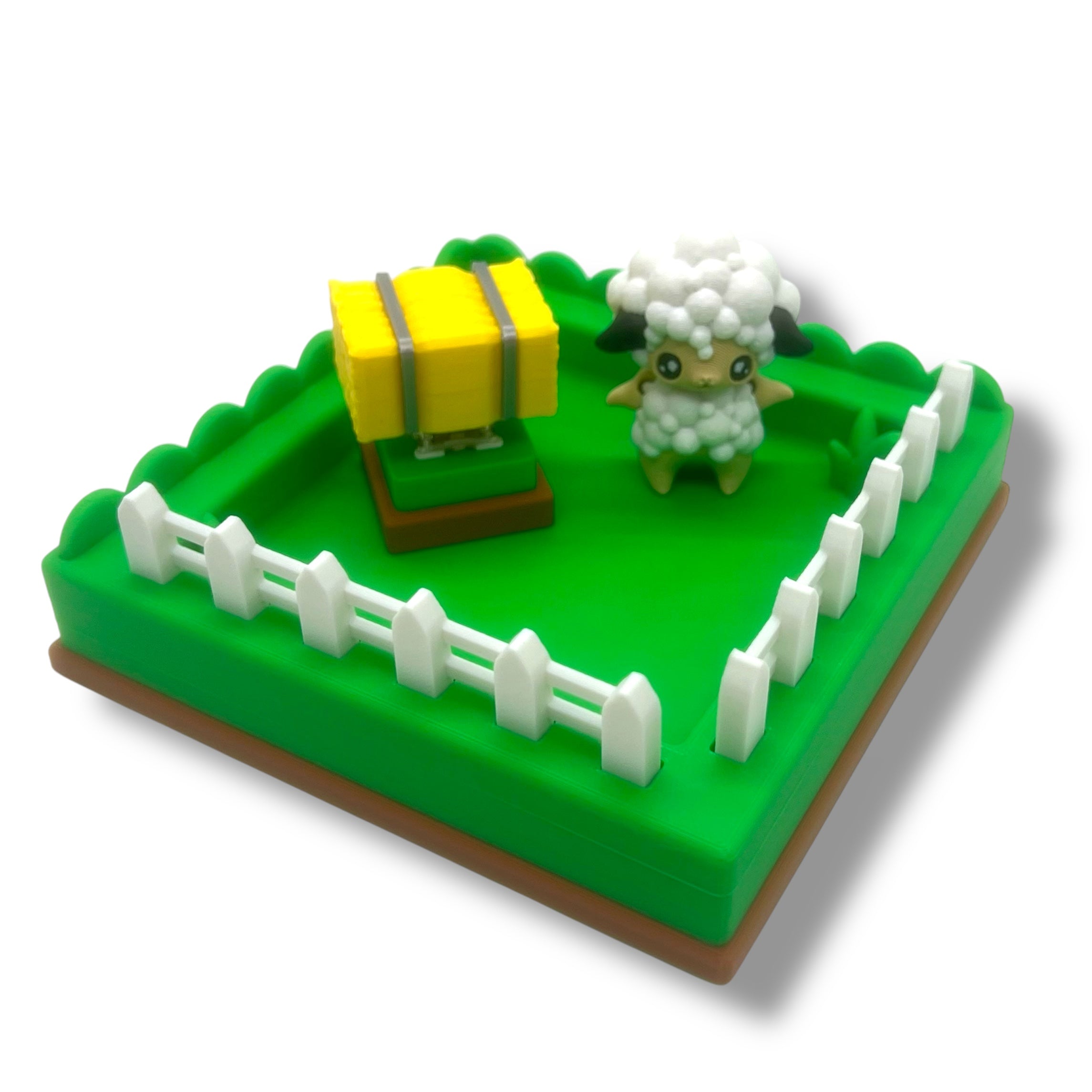 Whimsical Clicky Pasture with Hay Bale Clicker and Sheep Pixie - 3d Printed Articulated Set Desktop Decor