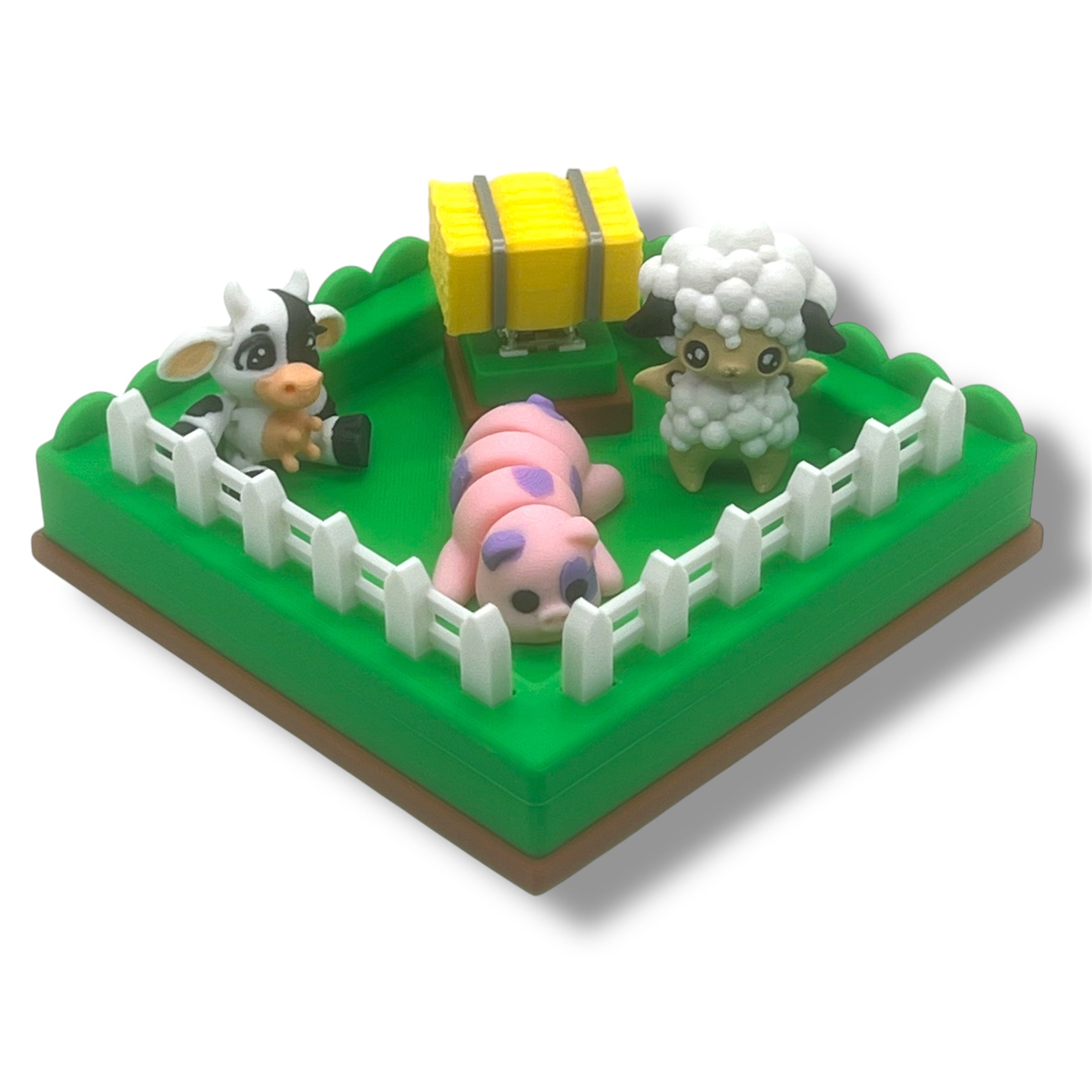 Whimsical Clicky Pasture with Hay Bale Clicker and Sheep Pixie - 3d Printed Articulated Set Desktop Decor