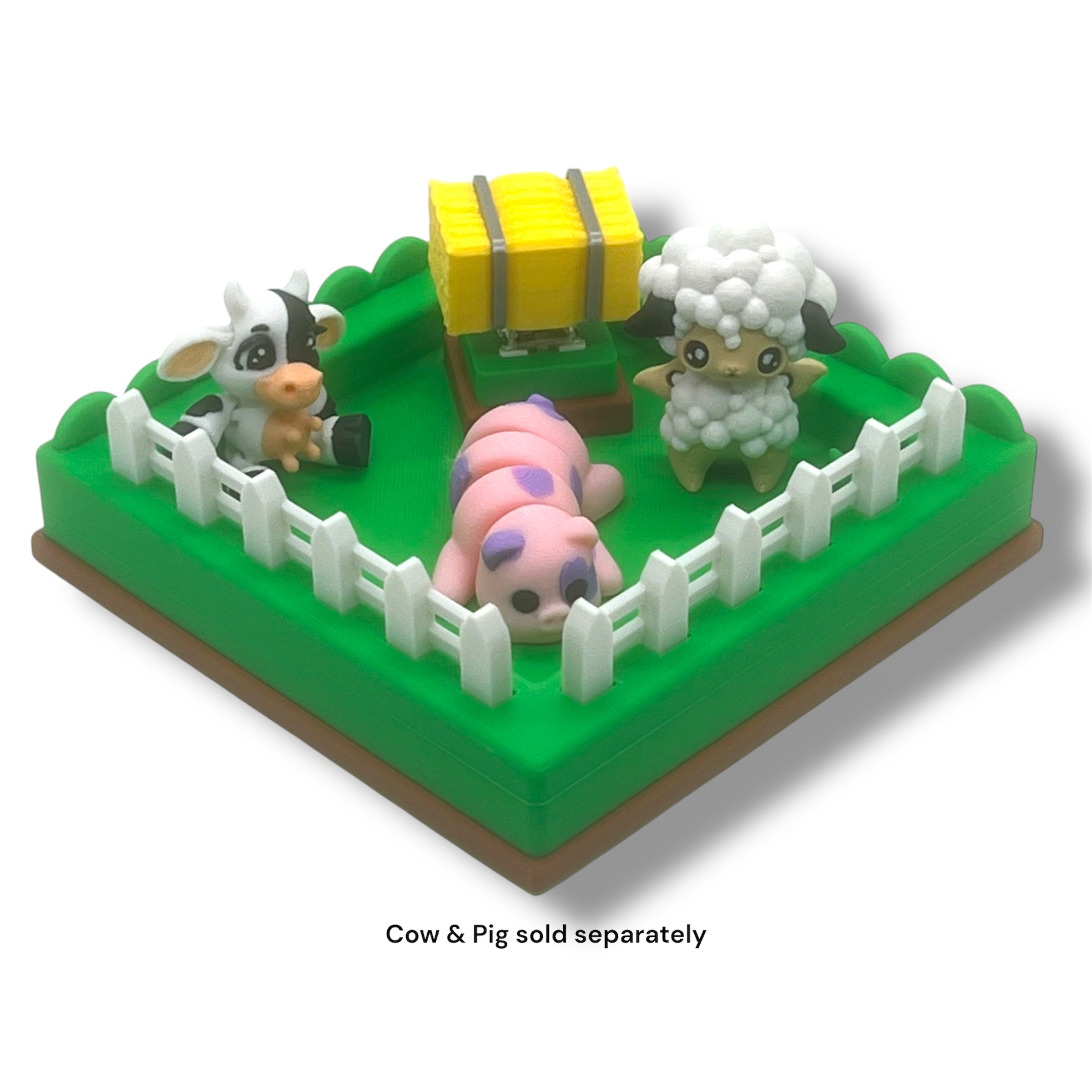 Whimsical Clicky Pasture with Hay Bale Clicker and Sheep Pixie - 3d Printed Articulated Set Desktop Decor