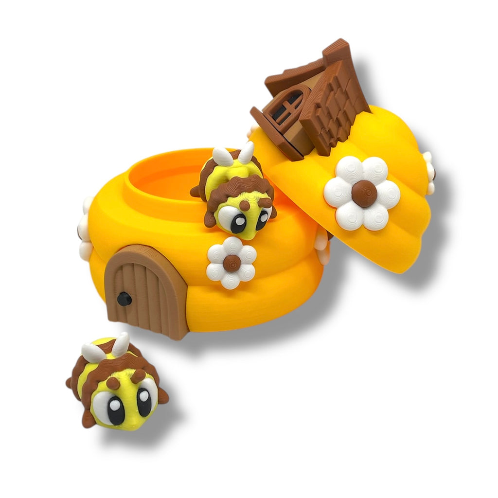 Buzzy Beehive House Container with 2 Bees -3d Printed Articulated Decor