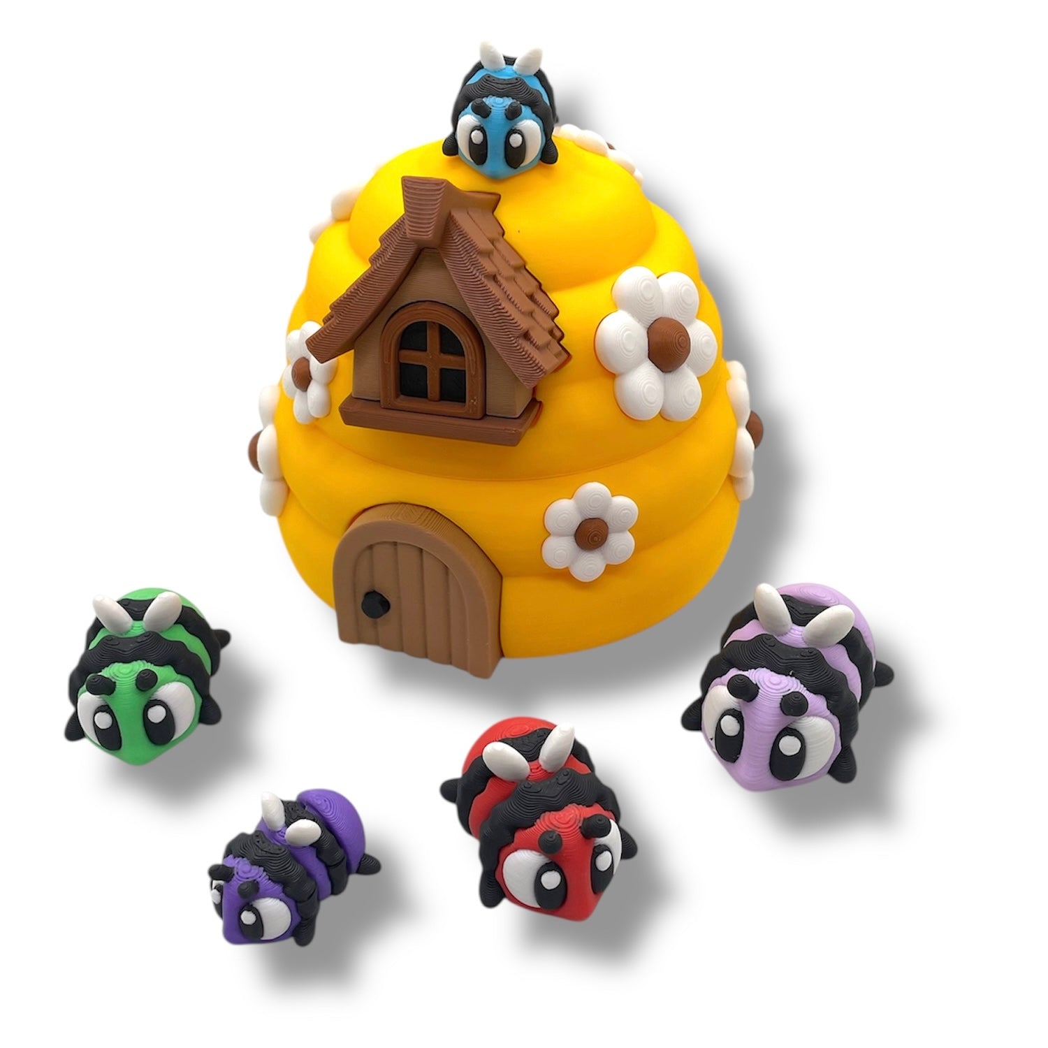 Buzzy Beehive House Container with 2 Bees -3d Printed Articulated Decor