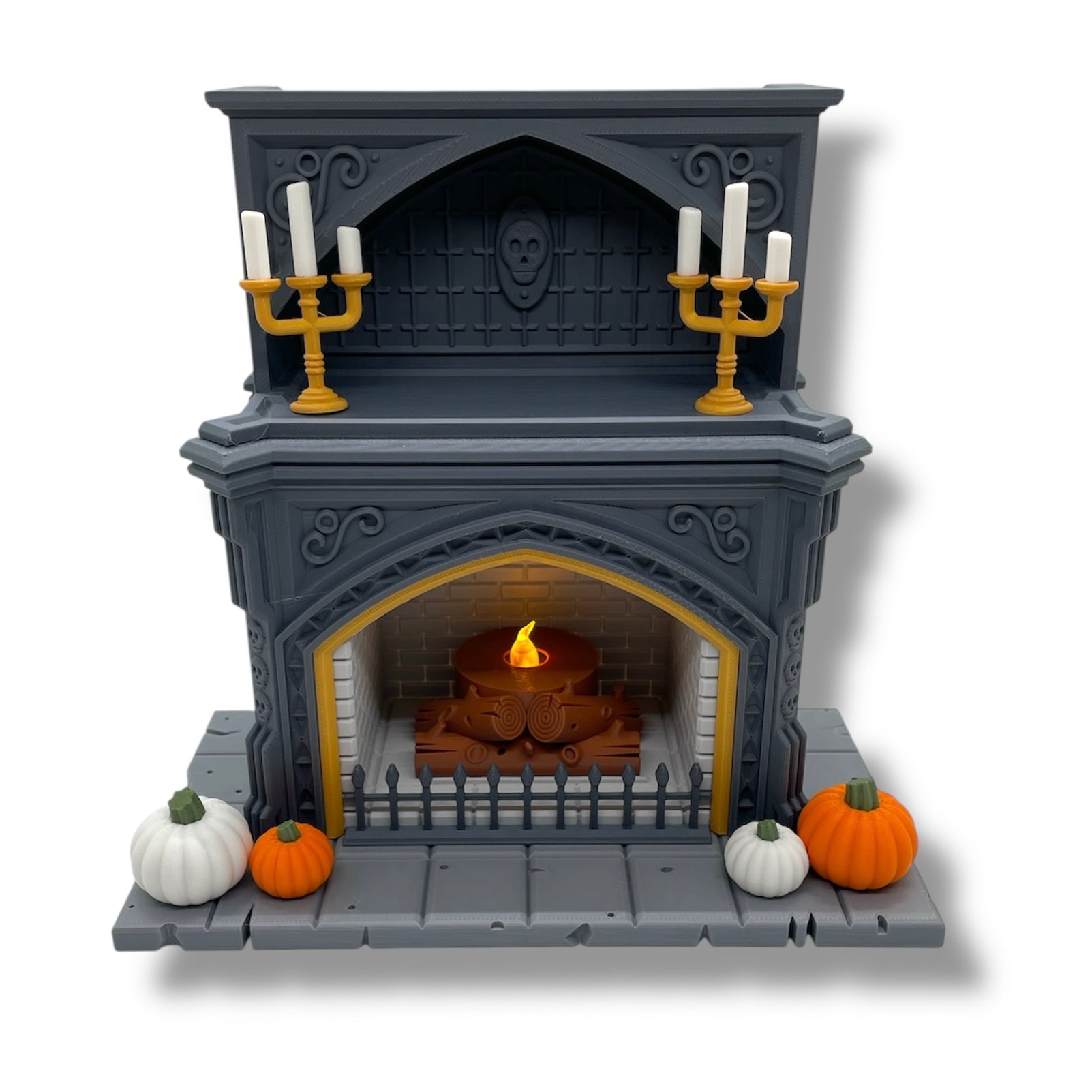 Haunted Hearth – 8" Light-Up Halloween Fireplace Set with Pumpkins & Candelabra