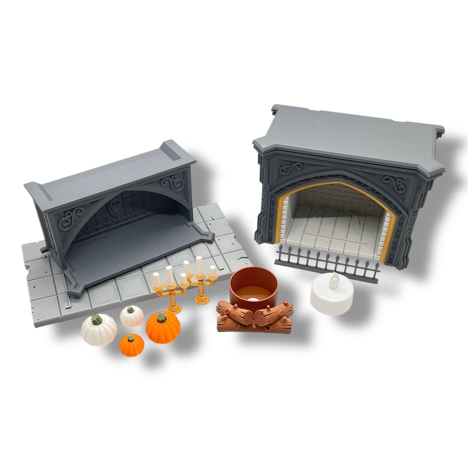 Haunted Hearth – 8" Light-Up Halloween Fireplace Set with Pumpkins & Candelabra