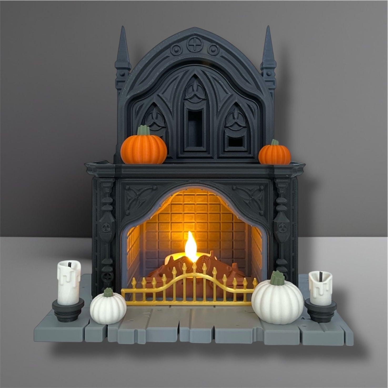 Haunted Hearth – 8" Light-Up Halloween Fireplace Set with Pumpkins & Candelabra