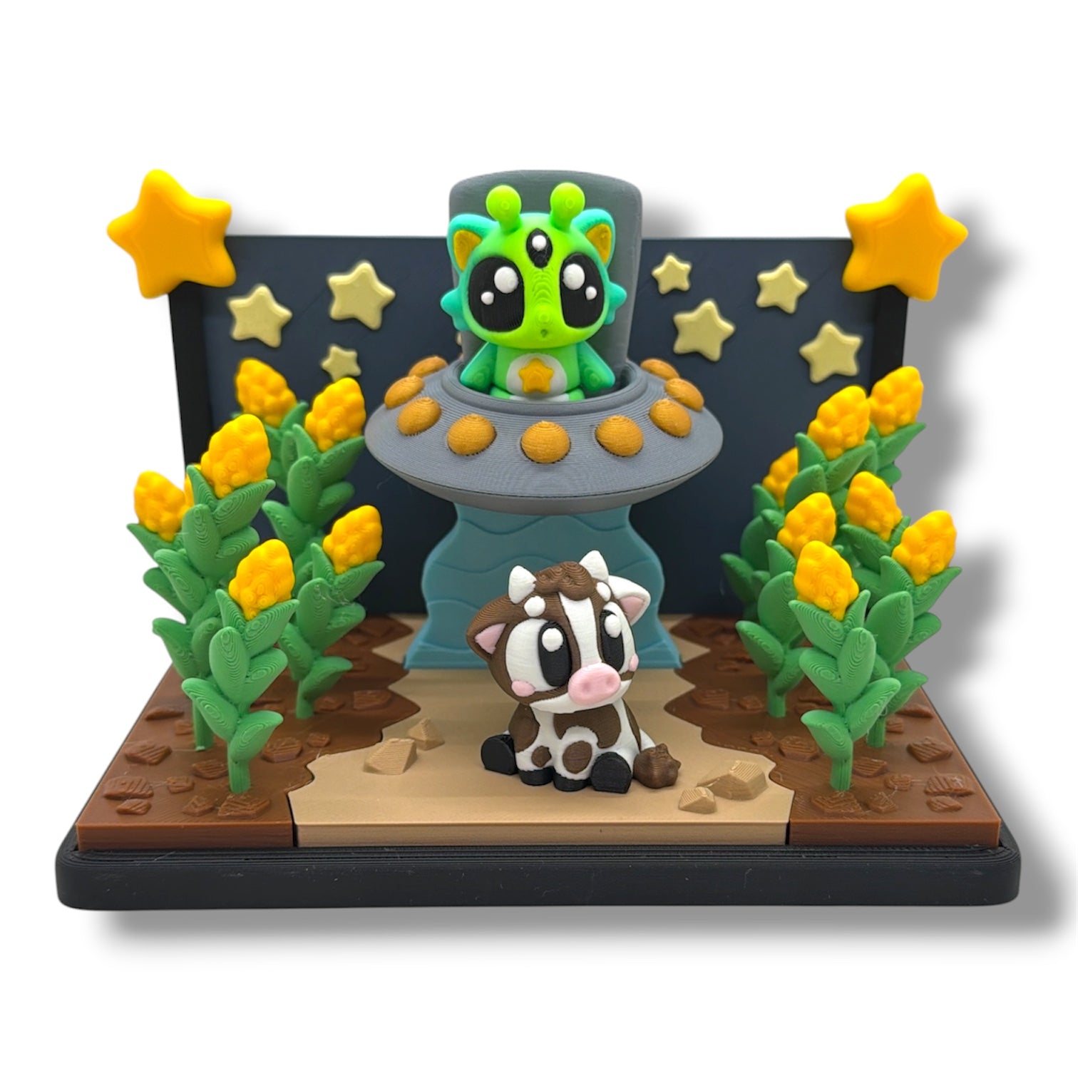 Alien Cow Cornfield Diorama – UFO Farm Scene Desk Decor with Cow, Alien & Corn Stalks