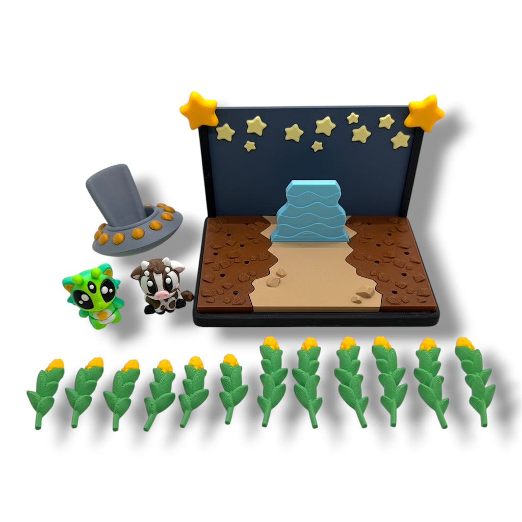 Alien Cow Cornfield Diorama – UFO Farm Scene Desk Decor with Cow, Alien & Corn Stalks