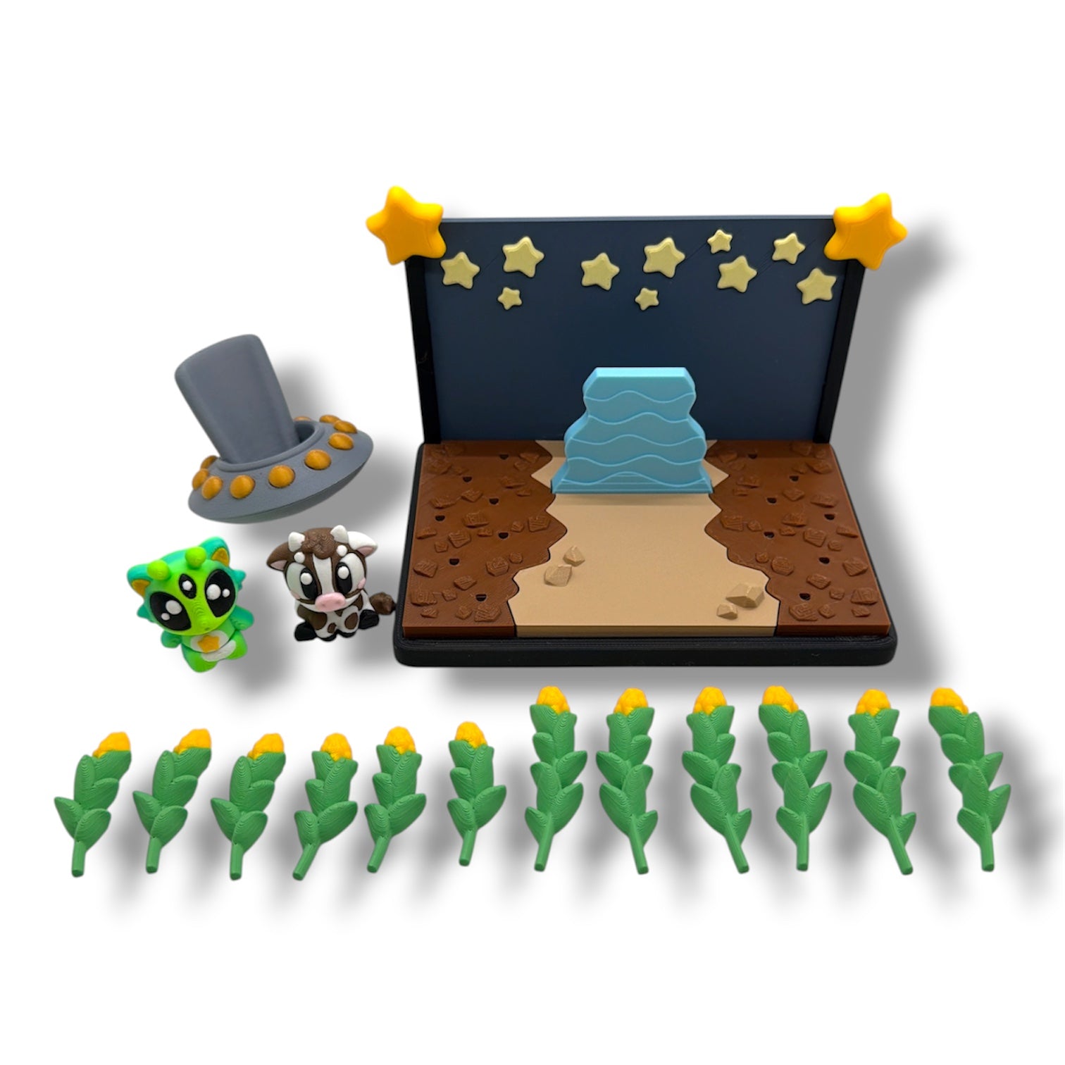 Alien Cow Cornfield Diorama – UFO Farm Scene Desk Decor with Cow, Alien & Corn Stalks