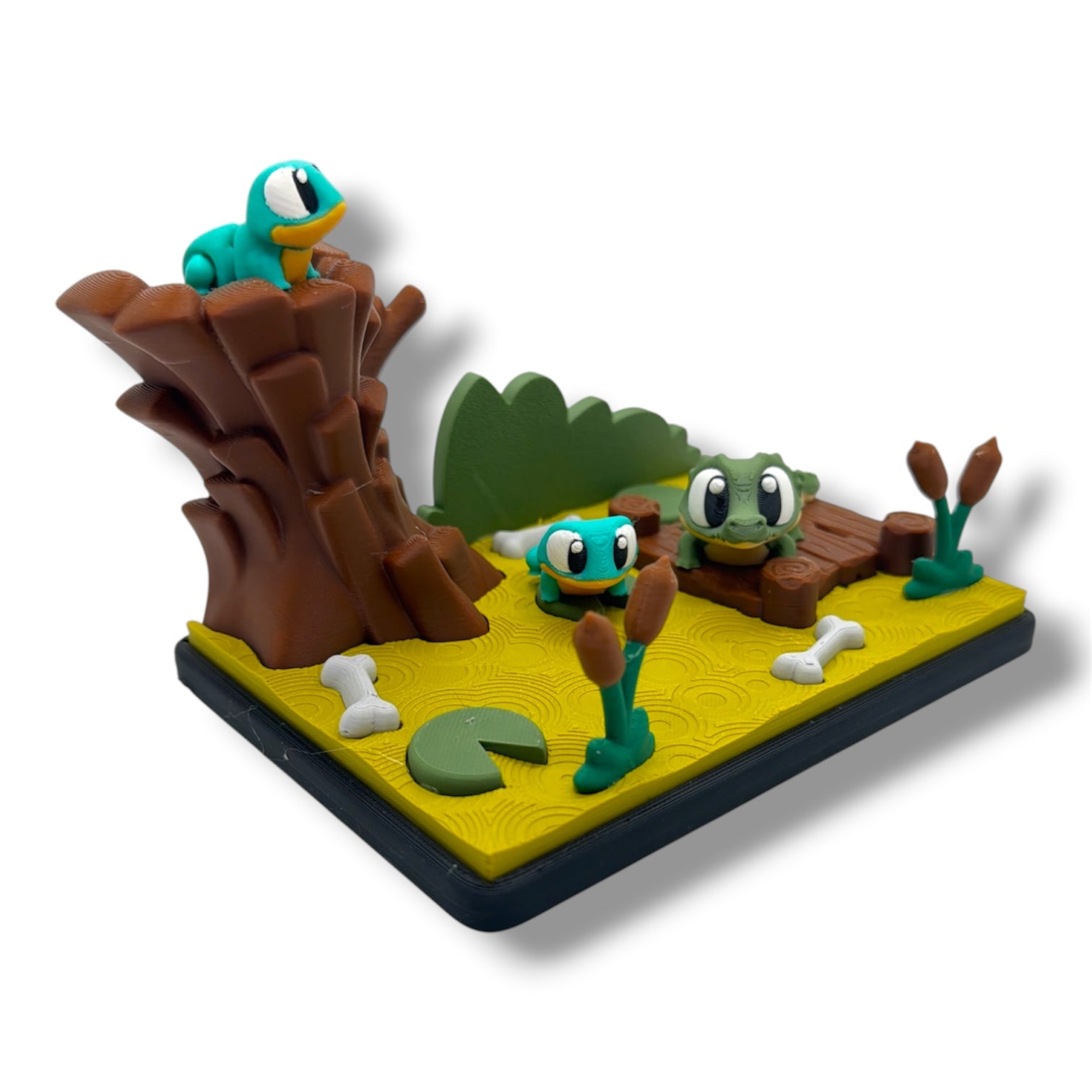 Cute Alligator Swamp Scene with Frogs – Cartoon Reptile Shelf Decoration Desk top Set Collectible Decor
