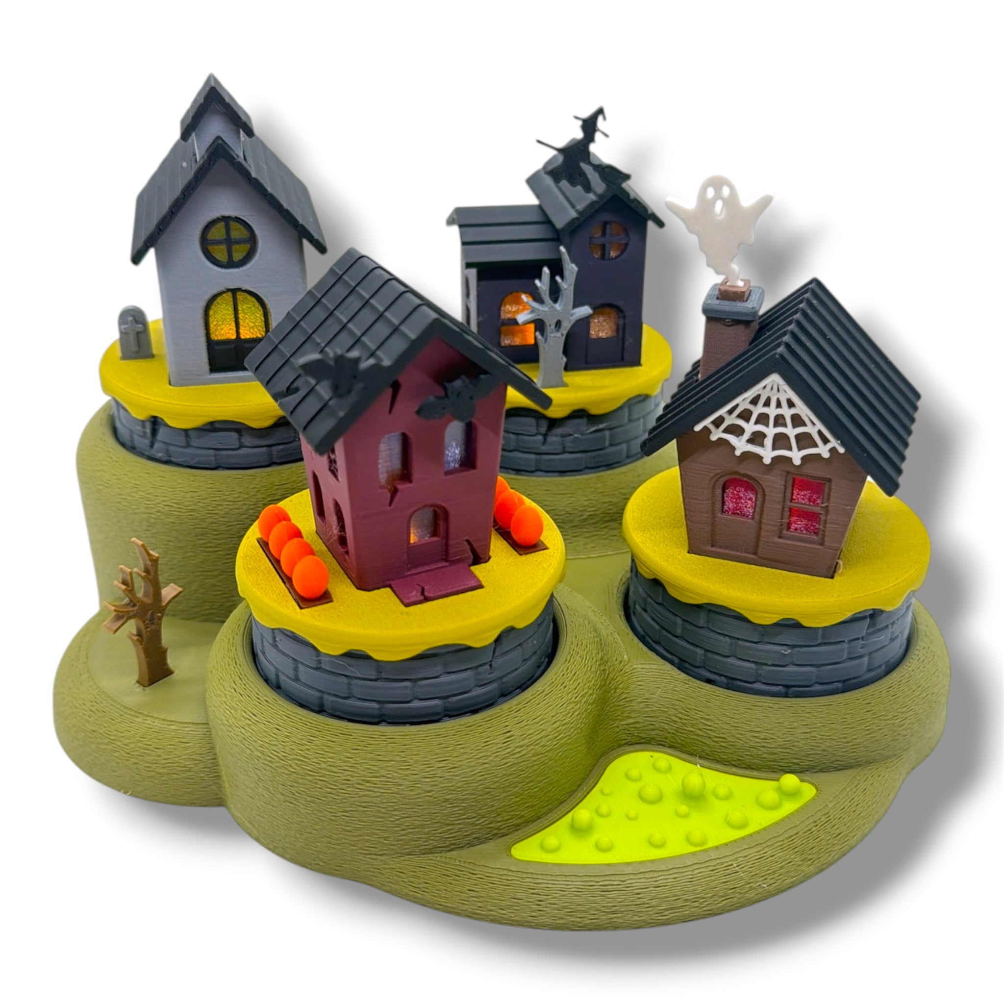 Halloween Micro Tea Light Village – 4 Haunted Houses with Display Base – Spooky Desktop Decor