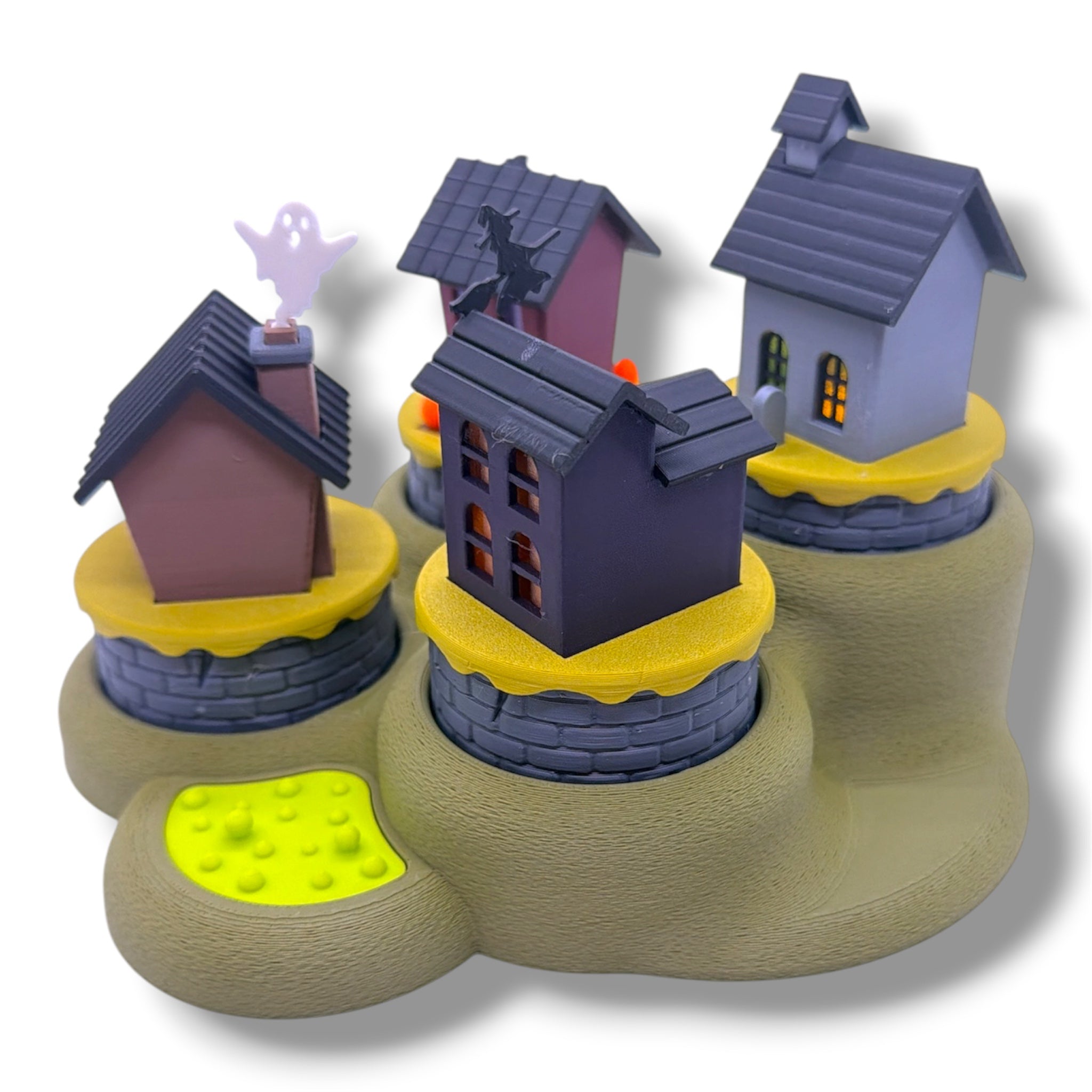 Halloween Micro Tea Light Village – 4 Haunted Houses with Display Base – Spooky Desktop Decor