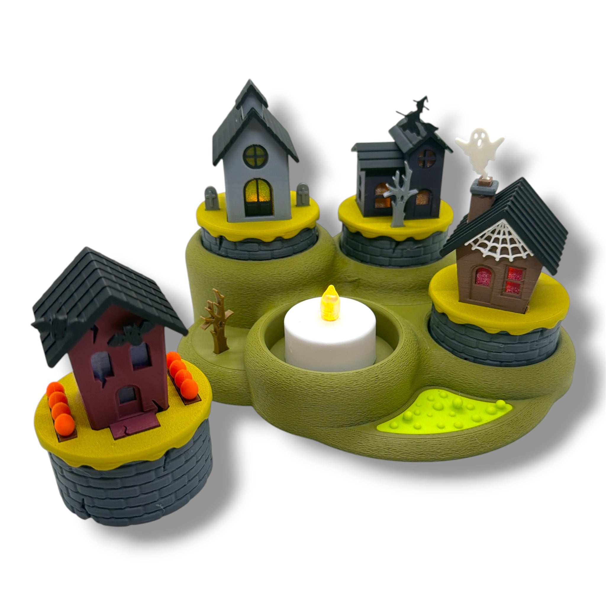 Halloween Micro Tea Light Village – 4 Haunted Houses with Display Base – Spooky Desktop Decor