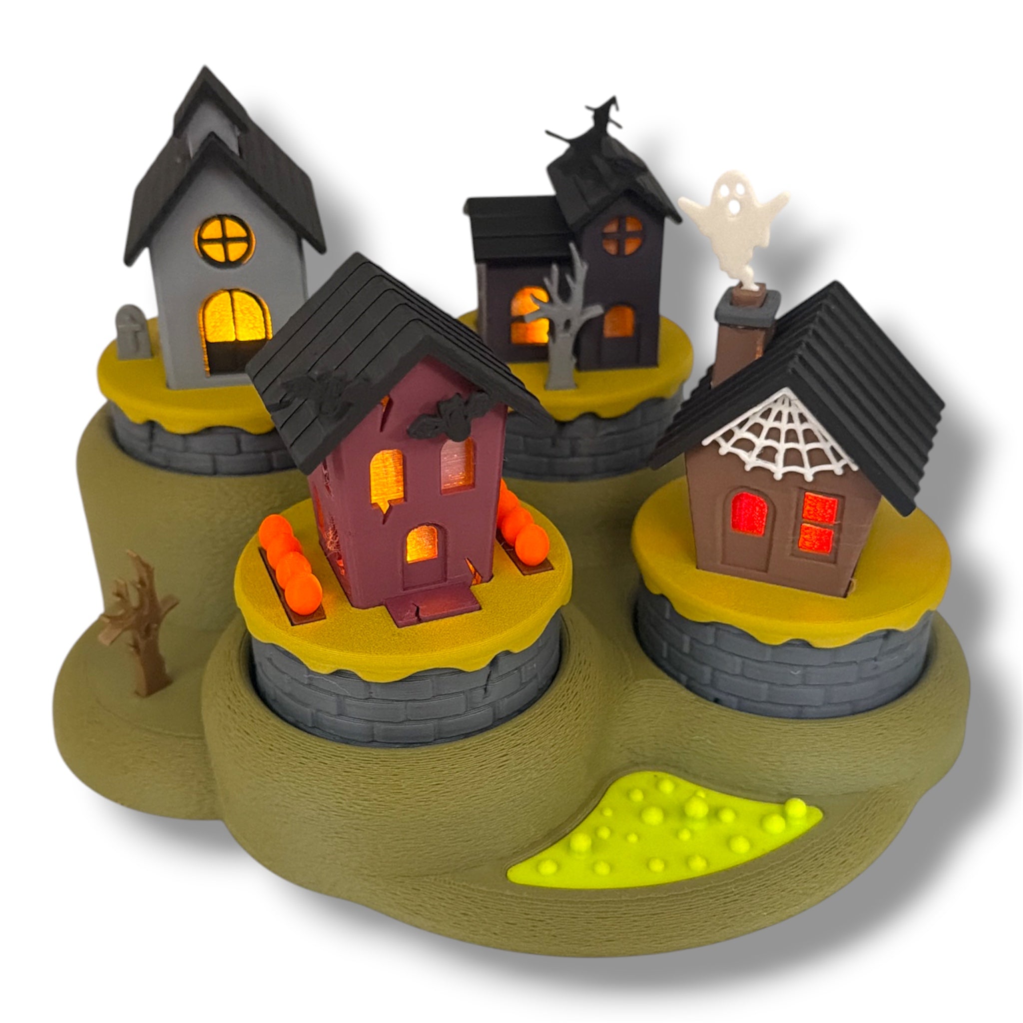Halloween Micro Tea Light Village – 4 Haunted Houses with Display Base – Spooky Desktop Decor