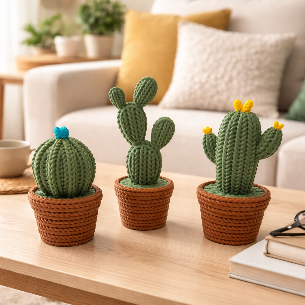 Knitted Cactus Desktop Decor – Decorative Desk & Shelf Accent