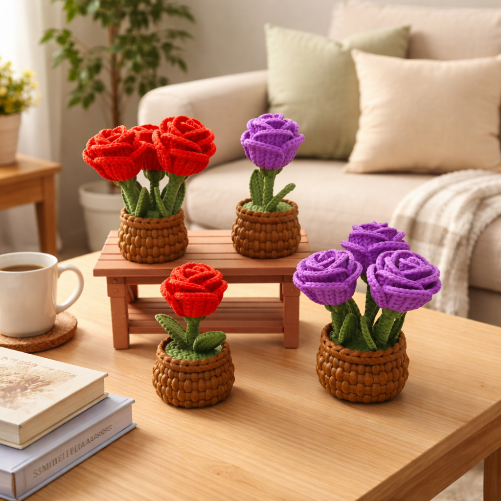 Knitted Rose Flowers – Botanical Desk Top Decor