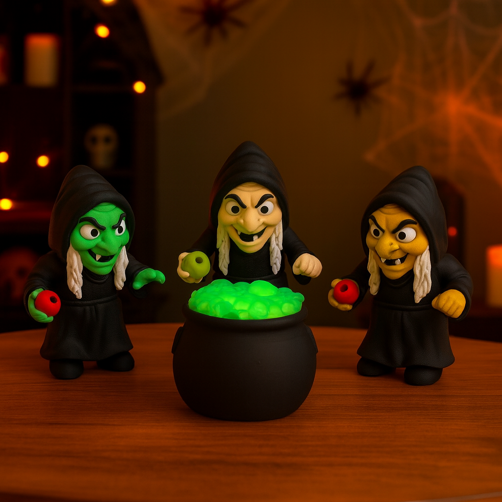 Spooky Halloween Witch Coven Set - With Cauldron - 3d Printed, Articulated, Decor