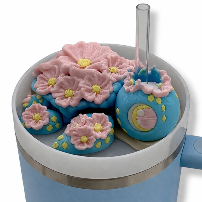 Insulated Cup Tumbler Toppers - 3d Printed Articulated Tumber Bling Straw Decor