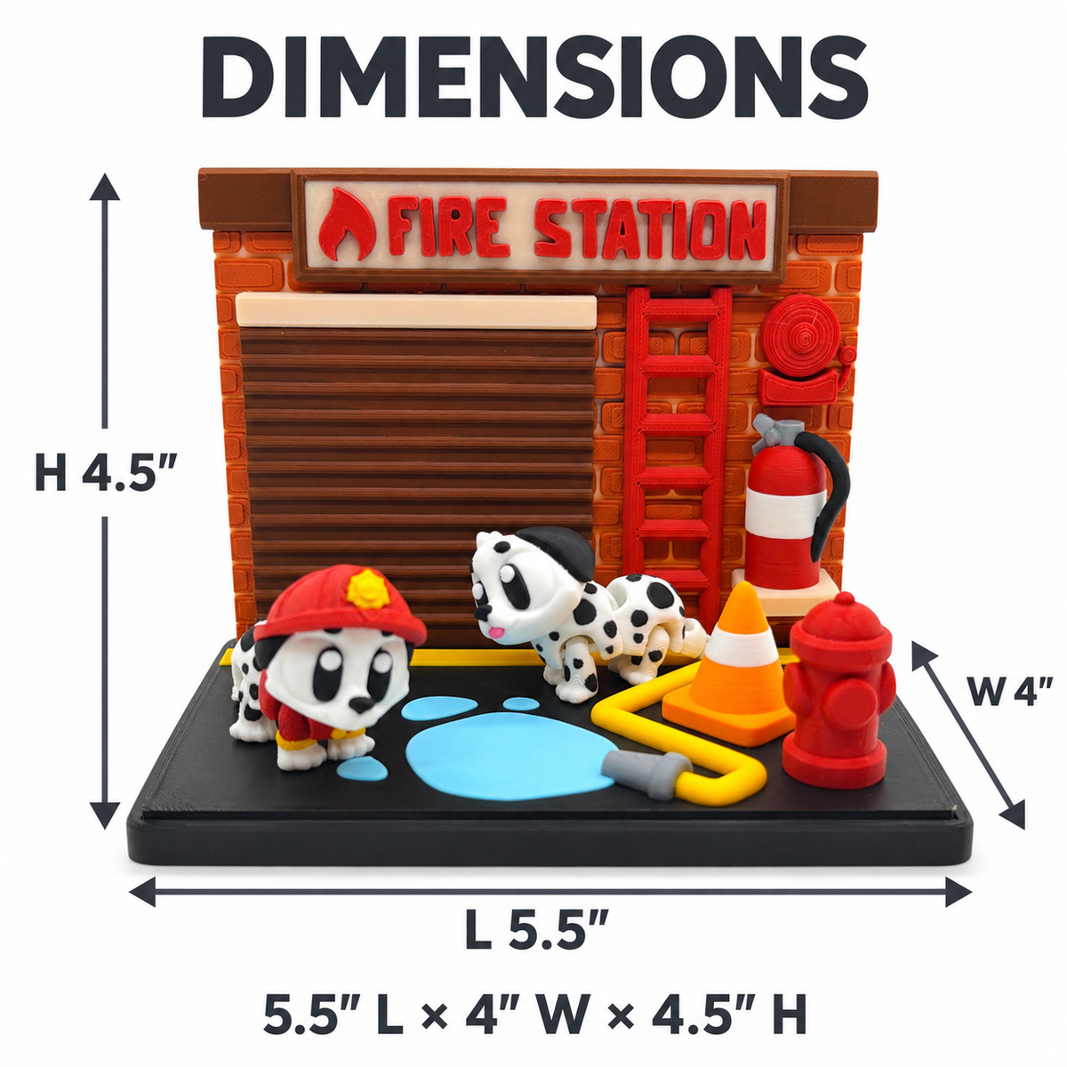 Fire Station Dalmatians Set dimensions: 5.5 inches long, 4 inches wide, 4.5 inches tall