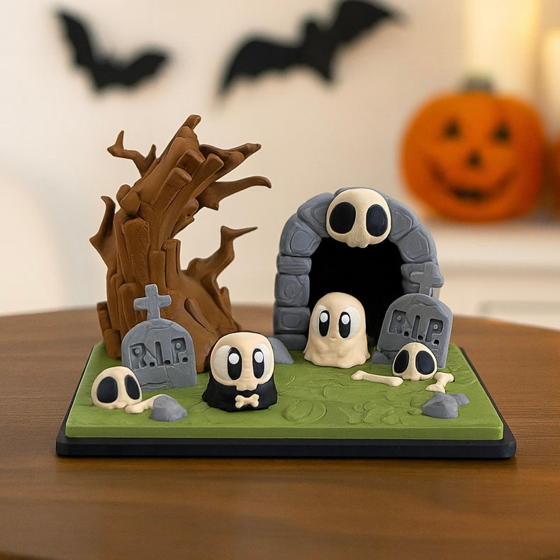 🎃 Haunted Ghost Graveyard Scene – Spooky Miniature Display - Desk Decor