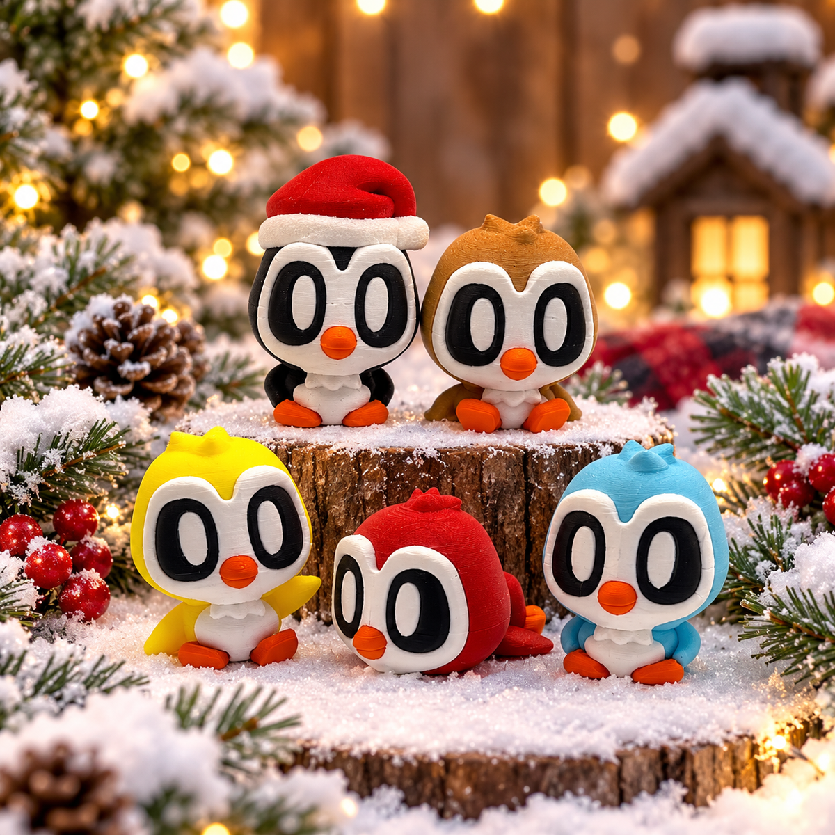 Five winter penguin miniature figurine styles in snowy Christmas setting